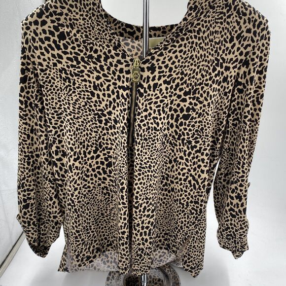 Michael Kors Tops - Michael Kors Leopard Animal Print Zip Shirt Roll Sleeves Womens S